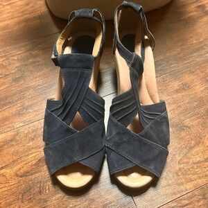 Earth Curvet Wedge Heel Sandal Women's 9 Navy Suede Hook & Loop Strap Open Toe